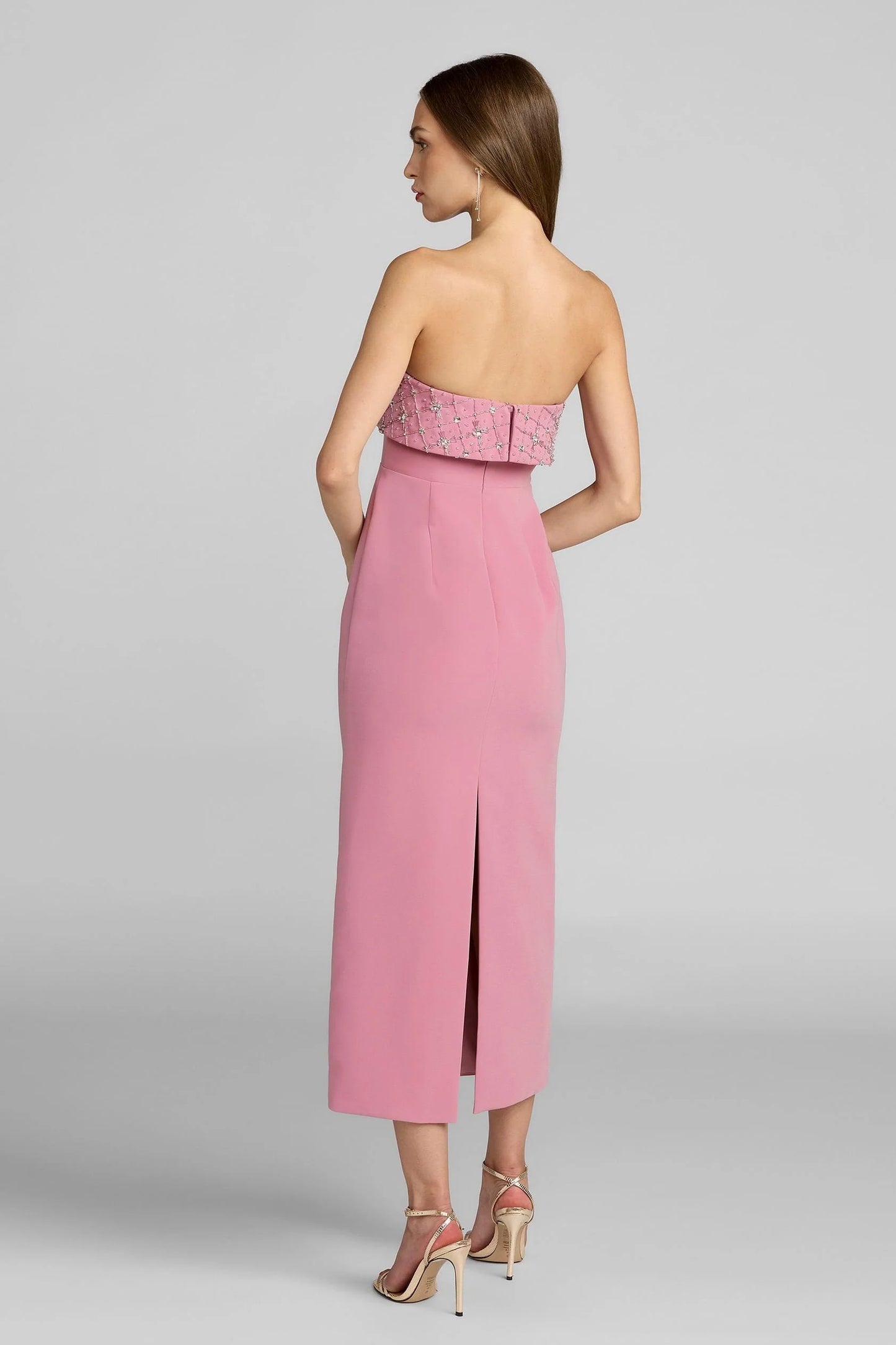 Mac Duggal 11883 Pink Strapless Crepe Midi Dress With Rhinestone Embellished Bodice Overlay