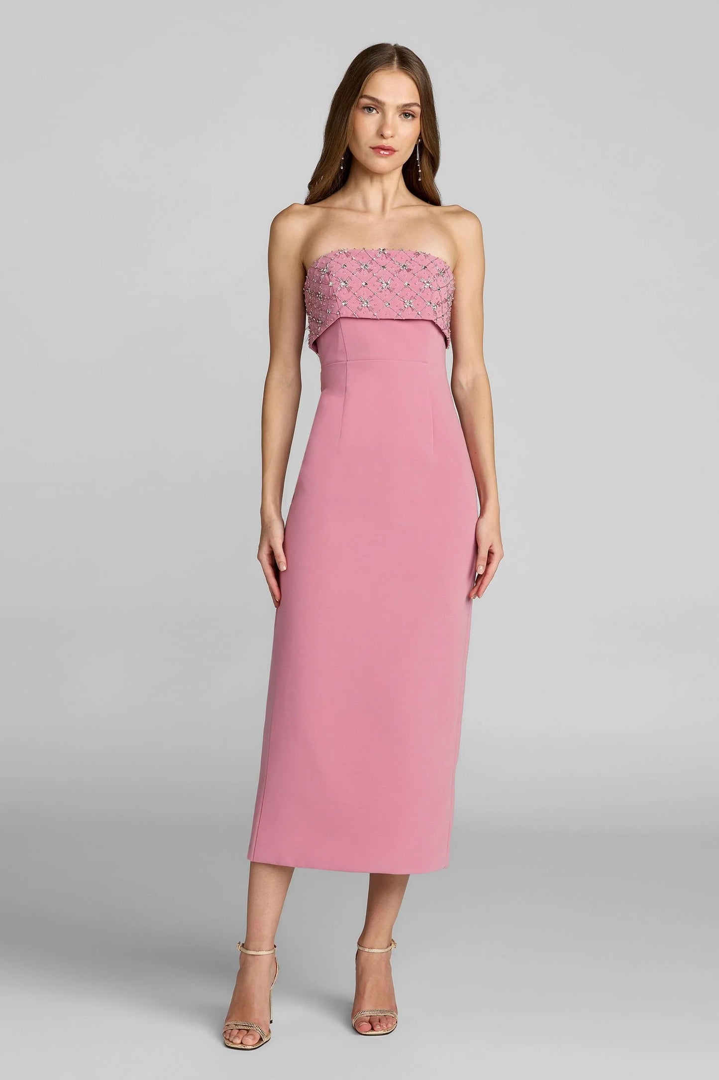 Mac Duggal 11883 Pink Strapless Crepe Midi Dress With Rhinestone Embellished Bodice Overlay