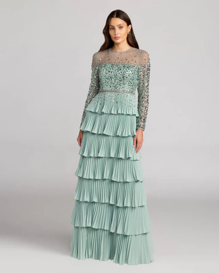 Mac Duggal 11903 Green Sequin Embellished Illusion Long Sleeve Ruffle Gown