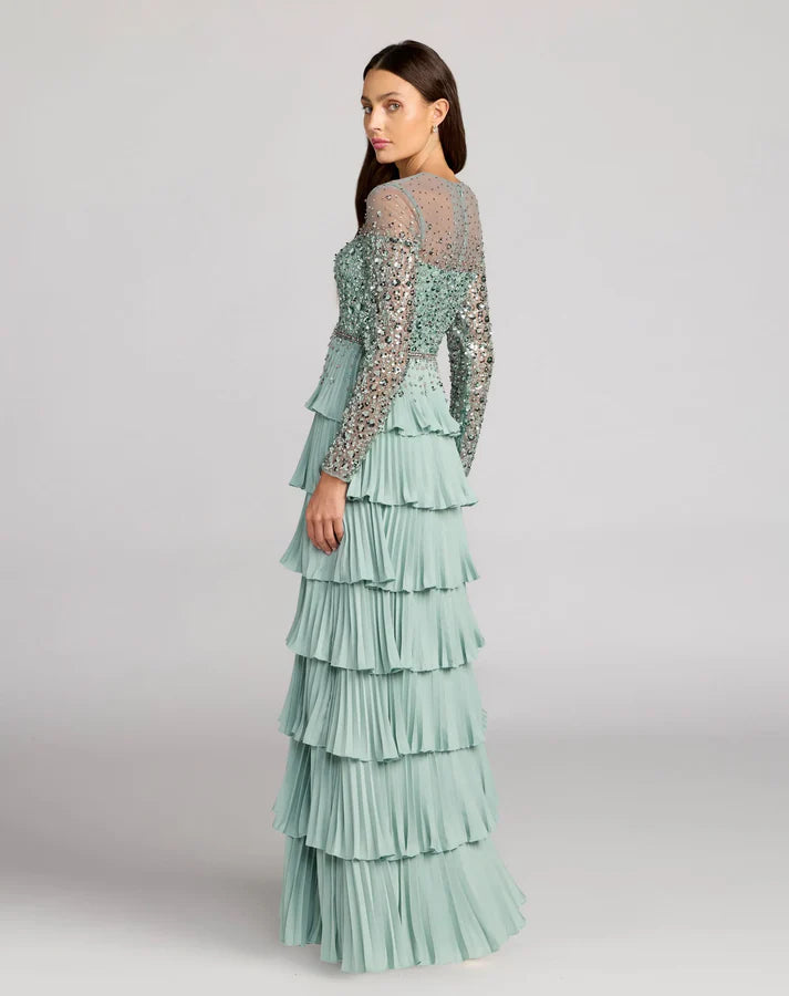 Mac Duggal 11903 Green Sequin Embellished Illusion Long Sleeve Ruffle Gown