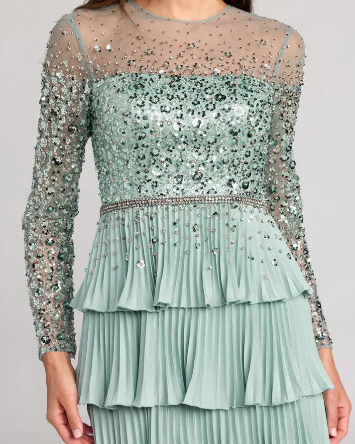 Mac Duggal 11903 Green Sequin Embellished Illusion Long Sleeve Ruffle Gown