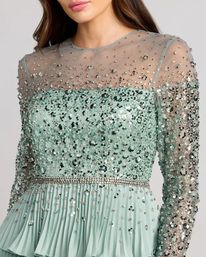 Mac Duggal 11903 Green Sequin Embellished Illusion Long Sleeve Ruffle Gown