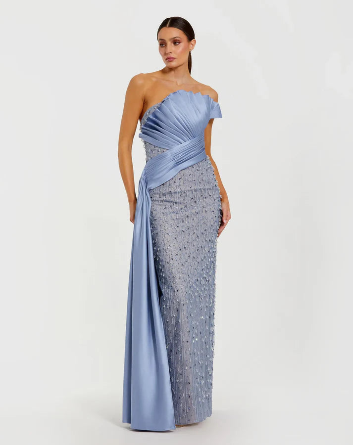 Mac Duggal 11909 Blue Beaded Lace Strapless Neckline Column Gown with Satin Sash