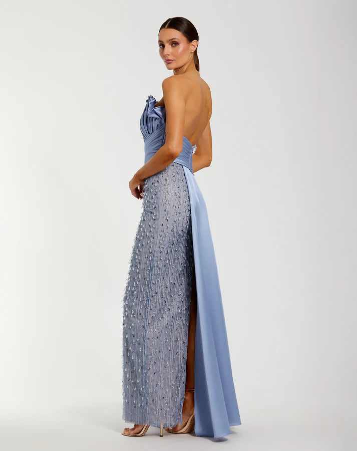Mac Duggal 11909 Blue Beaded Lace Strapless Neckline Column Gown with Satin Sash