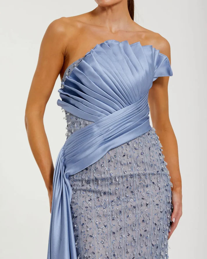 Mac Duggal 11909 Blue Beaded Lace Strapless Neckline Column Gown with Satin Sash