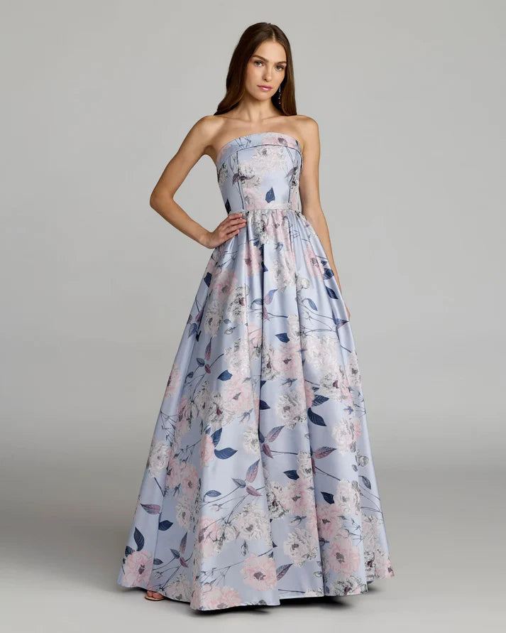 Mac Duggal 11921 Blue Strapless Floral Printed Brocade Strapless Ball Gown
