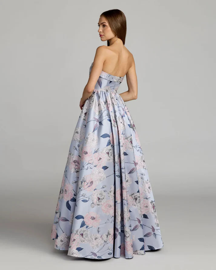 Mac Duggal 11921 Blue Strapless Floral Printed Brocade Strapless Ball Gown