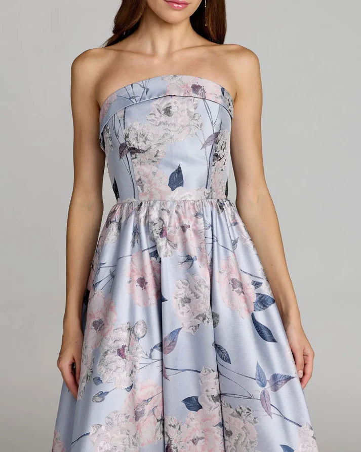 Mac Duggal 11921 Blue Strapless Floral Printed Brocade Strapless Ball Gown