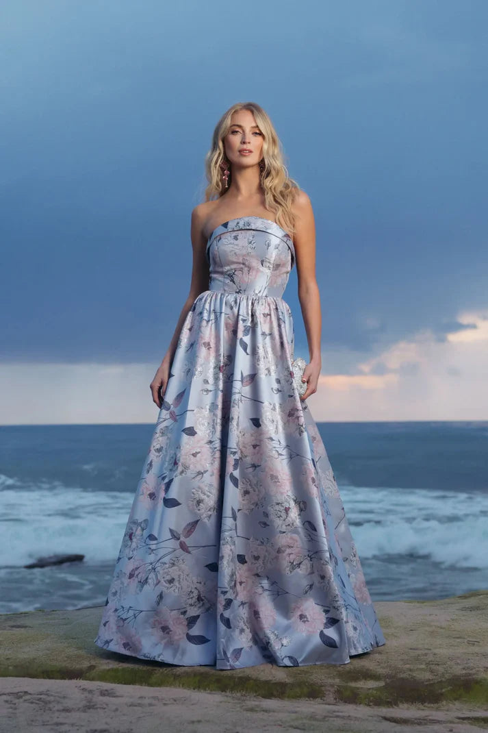 Mac Duggal 11921 Blue Strapless Floral Printed Brocade Strapless Ball Gown