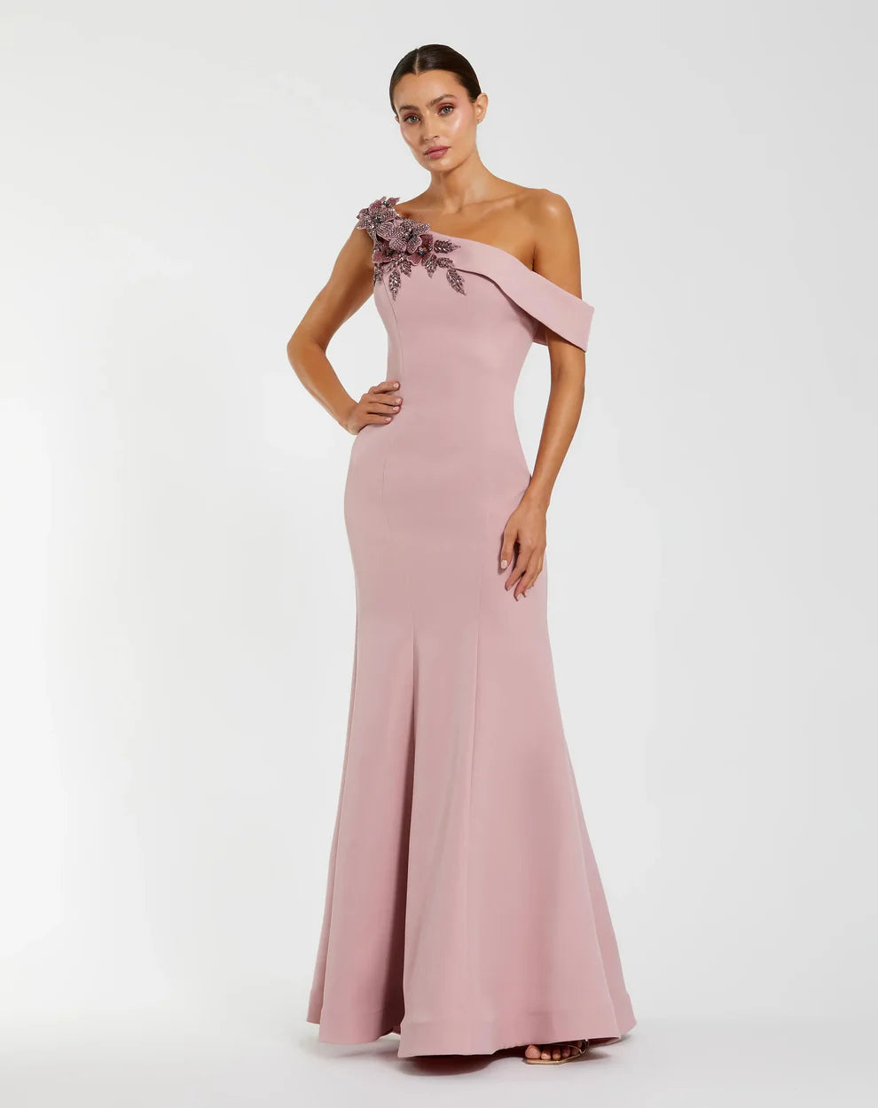 Mac Duggal 11947 Pink One Shoulder Crepe Floral Beaded Mermaid Gown