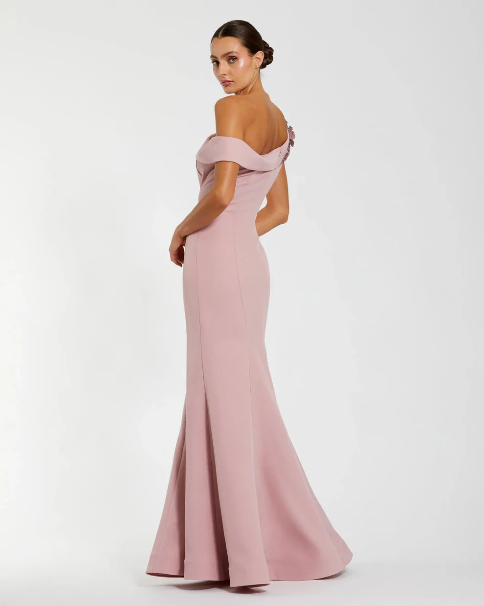Mac Duggal 11947 Pink One Shoulder Crepe Floral Beaded Mermaid Gown