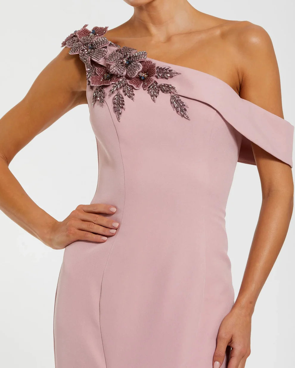 Mac Duggal 11947 Pink One Shoulder Crepe Floral Beaded Mermaid Gown