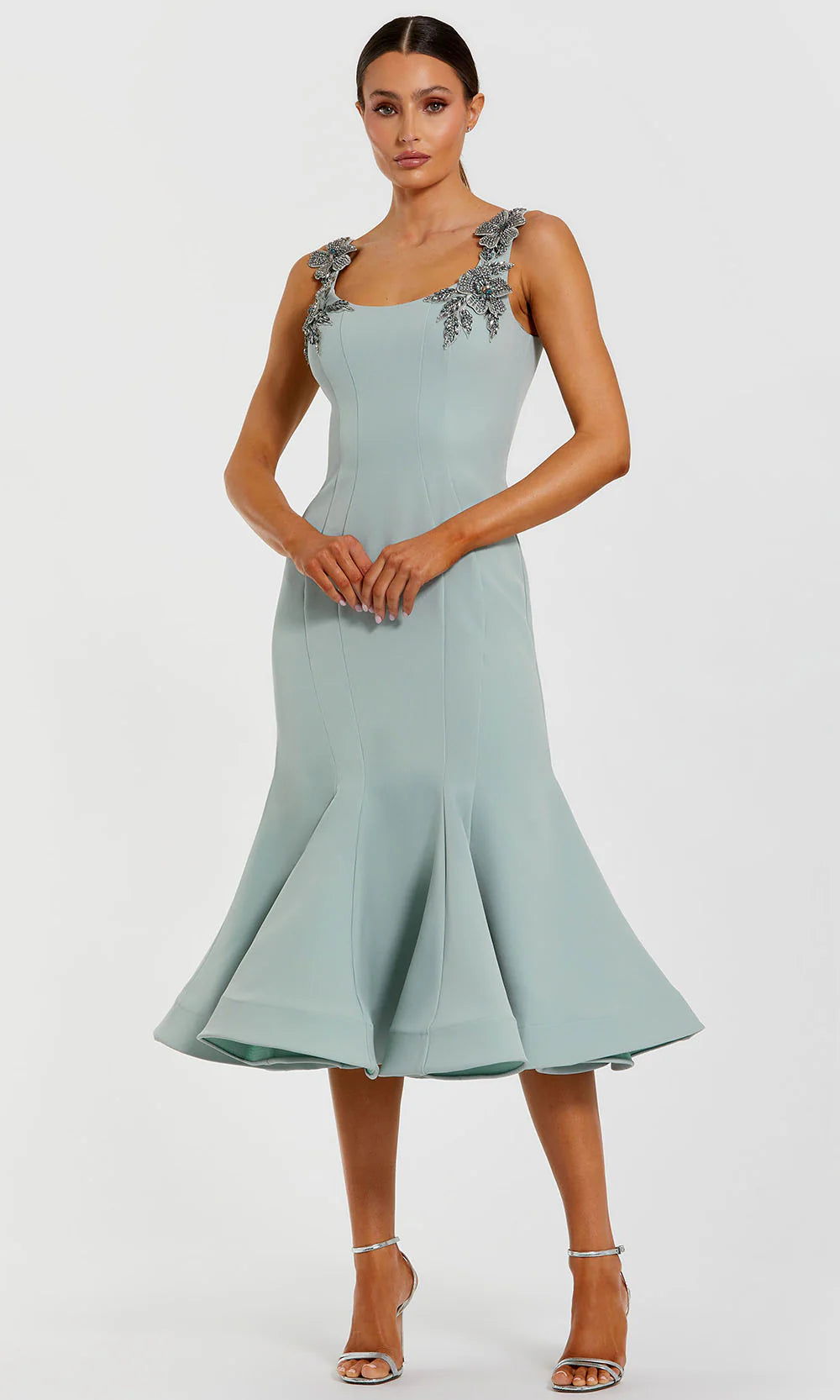 Mac Duggal 11948 Blue Sleeveless Scoop Neckline Midi Dress With Floral Embellishments