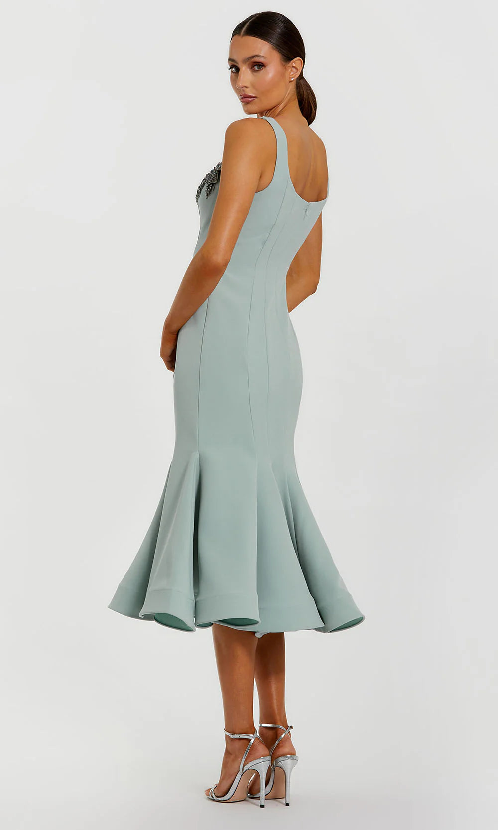 Mac Duggal 11948 Blue Sleeveless Scoop Neckline Midi Dress With Floral Embellishments