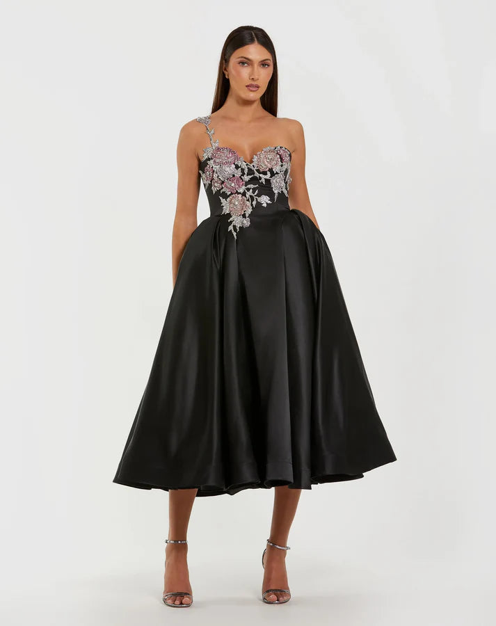 Mac Duggal 11955 Black Satin One-Shoulder Sweetheart Neckline Midi Dress with Beaded Flowers