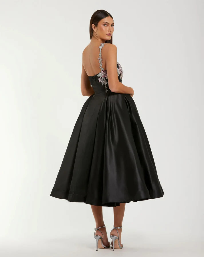 Mac Duggal 11955 Black Satin One-Shoulder Sweetheart Neckline Midi Dress with Beaded Flowers