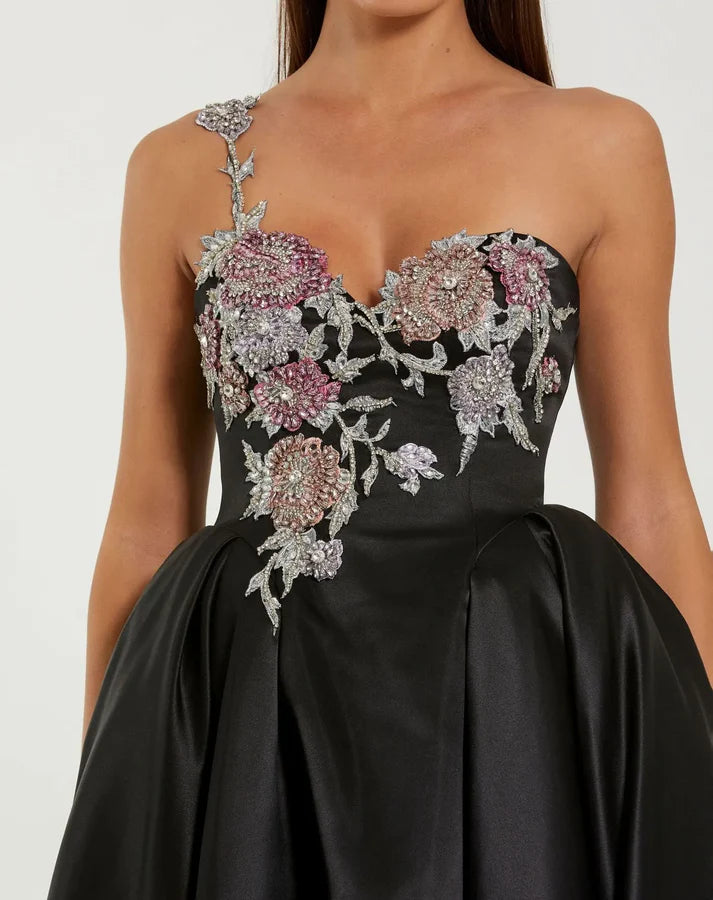 Mac Duggal 11955 Black Satin One-Shoulder Sweetheart Neckline Midi Dress with Beaded Flowers