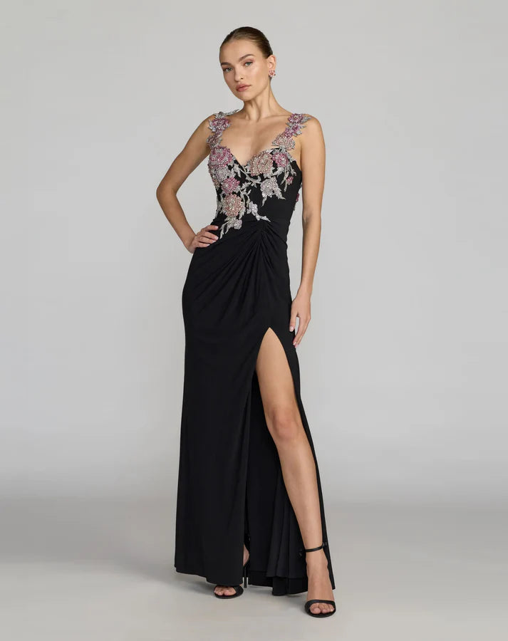 Mac Duggal 11956 Black Embellished Straps Sweetheart Neckline Jersey Gown With Beaded Flowers