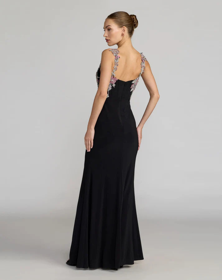 Mac Duggal 11956 Black Embellished Straps Sweetheart Neckline Jersey Gown With Beaded Flowers