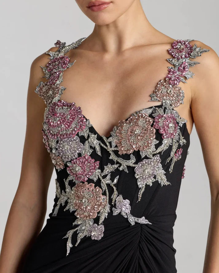 Mac Duggal 11956 Black Embellished Straps Sweetheart Neckline Jersey Gown With Beaded Flowers