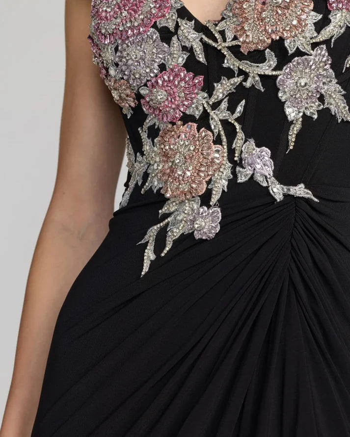Mac Duggal 11956 Black Embellished Straps Sweetheart Neckline Jersey Gown With Beaded Flowers