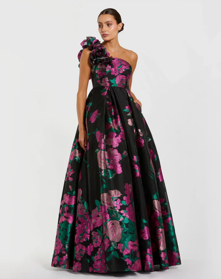 Mac Duggal 11967 Black Multi One Shoulder Ruffle Floral Brocade Ball Gown