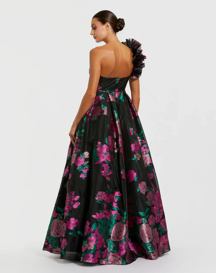 Mac Duggal 11967 Black Multi One Shoulder Ruffle Floral Brocade Ball Gown