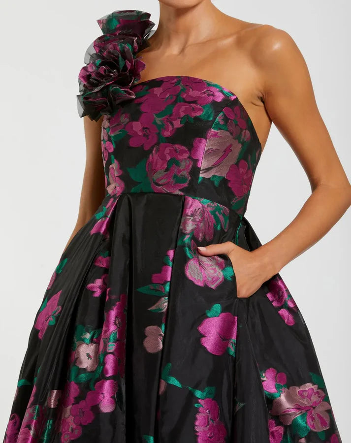 Mac Duggal 11967 Black Multi One Shoulder Ruffle Floral Brocade Ball Gown