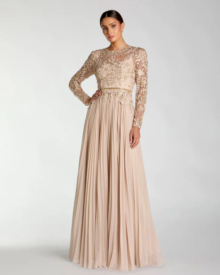 Mac Duggal 11986 Beige Long Sleeve Crew Neckline Chiffon Skirt Embellished Gown