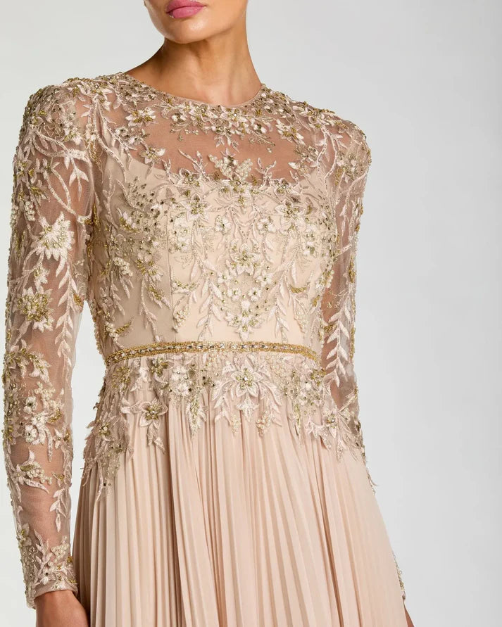 Mac Duggal 11986 Beige Long Sleeve Crew Neckline Chiffon Skirt Embellished Gown