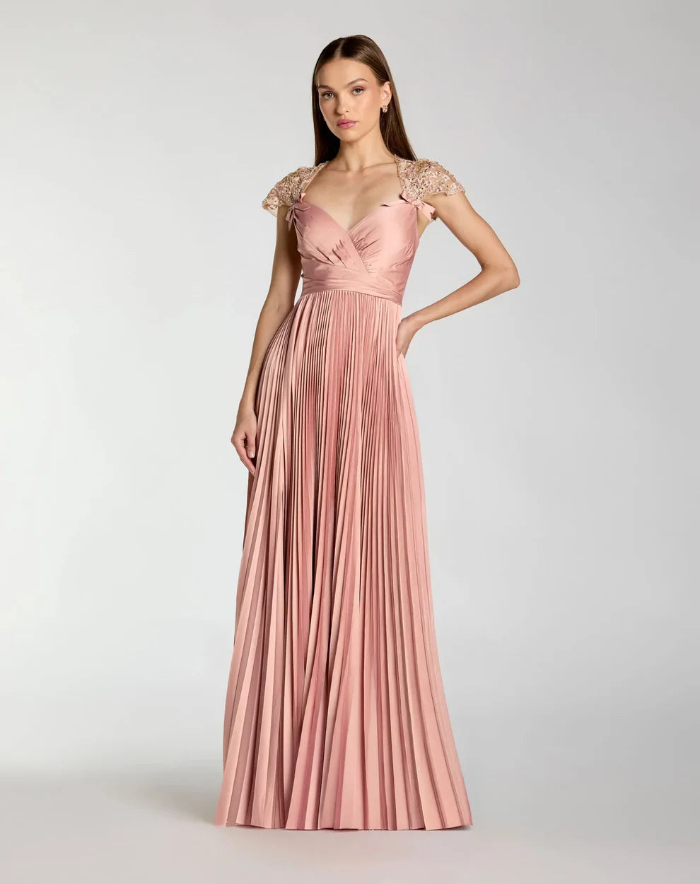 Mac Duggal 11987 Pink Pleated Charmeuse Embellished Cap Sleeve Sweetheart Neckline Gown
