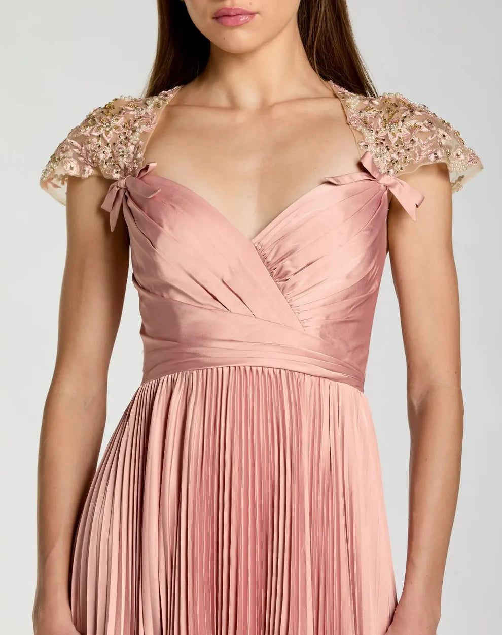 Mac Duggal 11987 Pink Pleated Charmeuse Embellished Cap Sleeve Sweetheart Neckline Gown