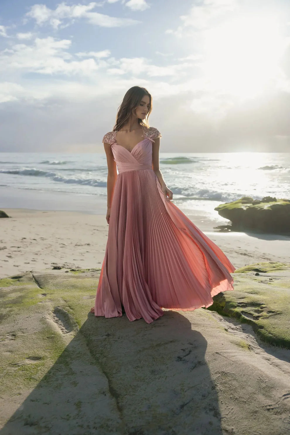 Mac Duggal 11987 Pink Pleated Charmeuse Embellished Cap Sleeve Sweetheart Neckline Gown