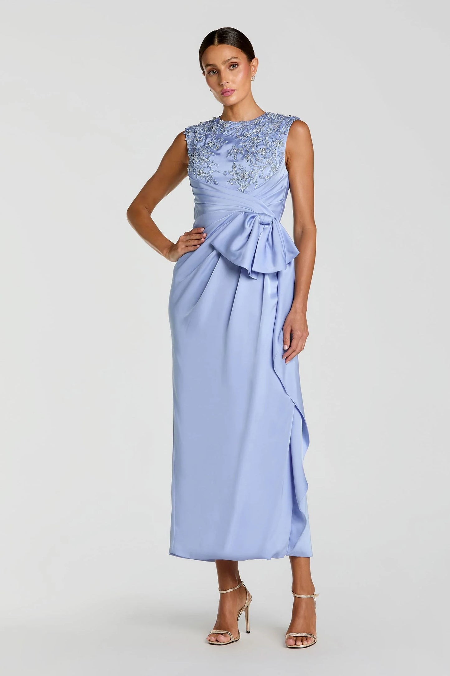 Mac Duggal 11989 Blue Beaded Sleeveless High Neckline Satin Midi Dress with Bow