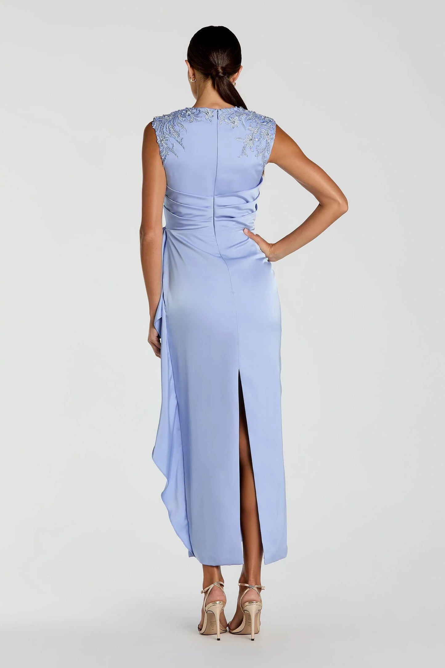 Mac Duggal 11989 Blue Beaded Sleeveless High Neckline Satin Midi Dress with Bow