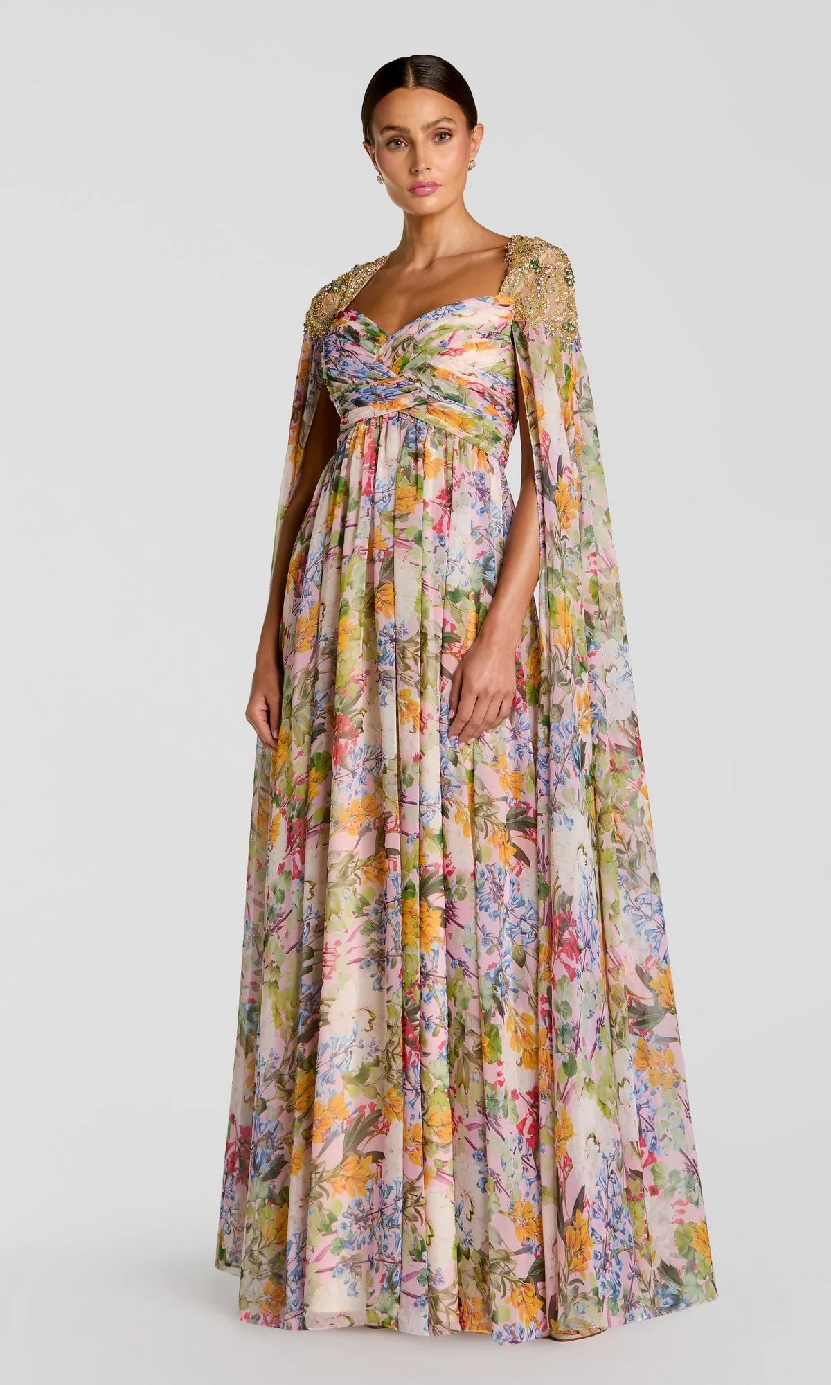 Mac Duggal 11990 Multicolor Sweetheart Neckline Floral Gown With Beaded Cape Sleeves