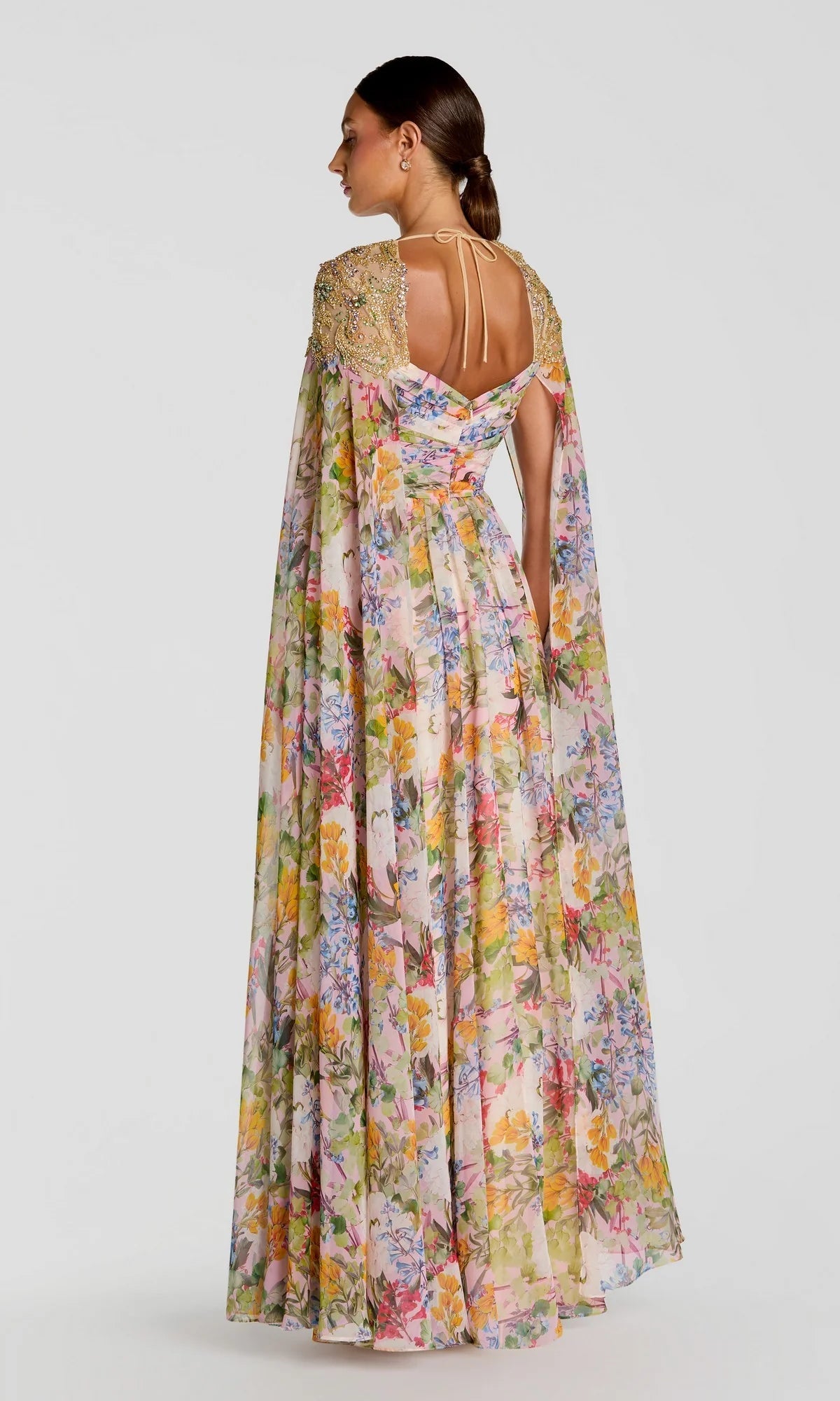Mac Duggal 11990 Multicolor Sweetheart Neckline Floral Gown With Beaded Cape Sleeves