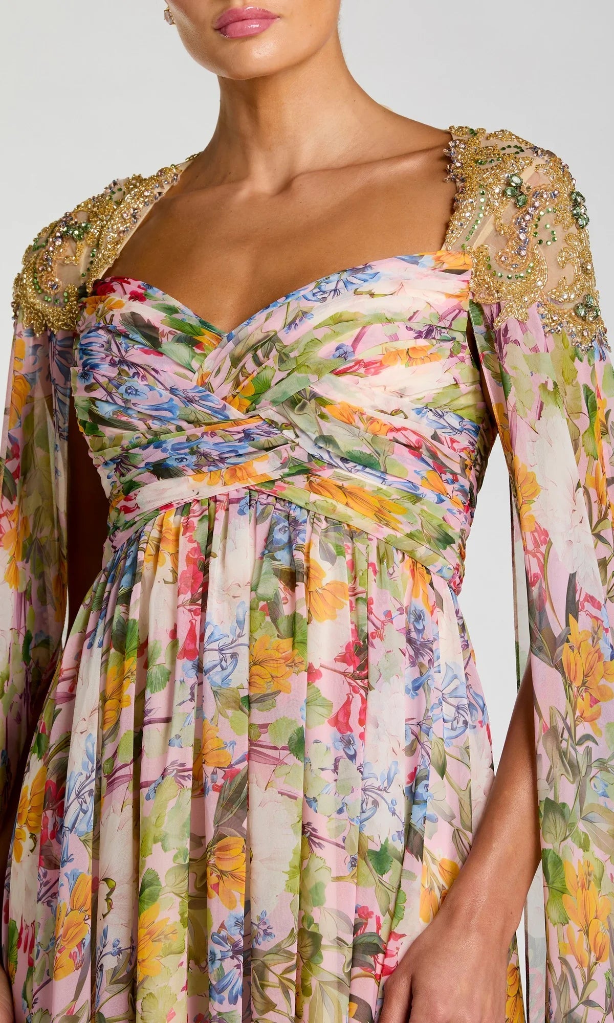 Mac Duggal 11990 Multicolor Sweetheart Neckline Floral Gown With Beaded Cape Sleeves
