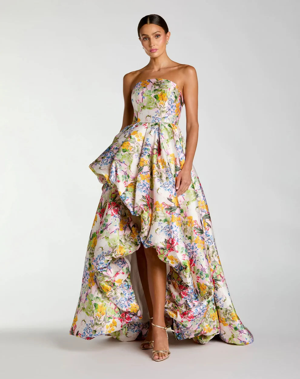 Mac Duggal 11991 Multicolor Strapless Floral Print Mikado High Low Bubble Hem Gown