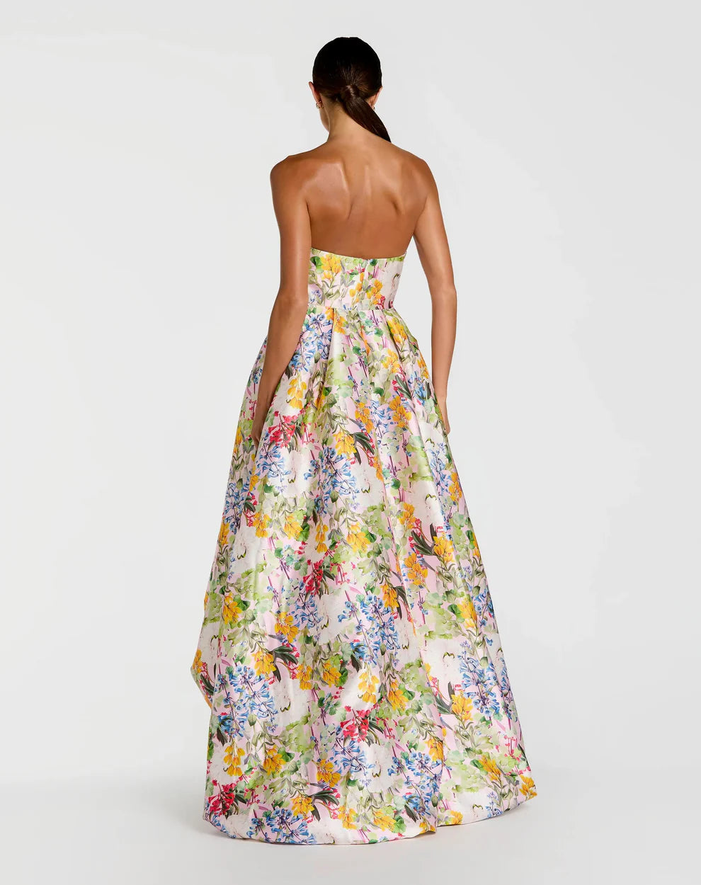 Mac Duggal 11991 Multicolor Strapless Floral Print Mikado High Low Bubble Hem Gown
