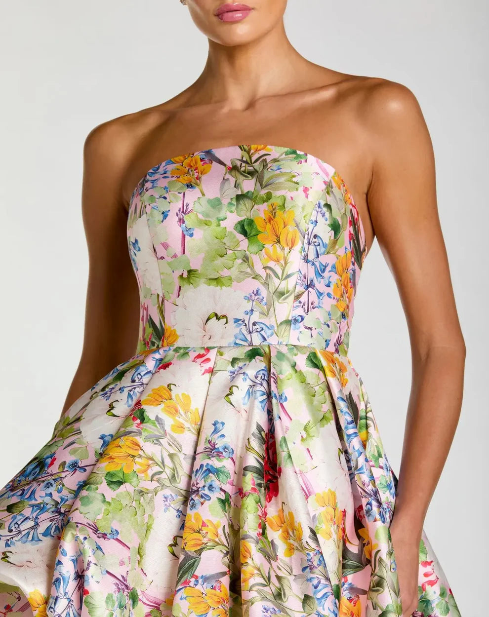 Mac Duggal 11991 Multicolor Strapless Floral Print Mikado High Low Bubble Hem Gown