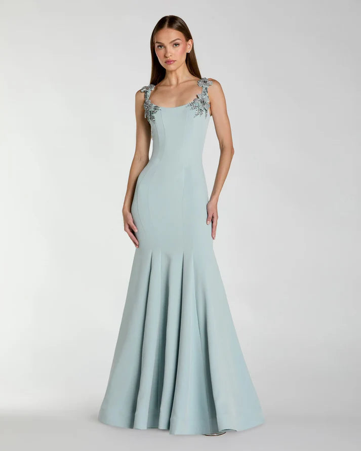Mac Duggal 13224 Blue Sleeveless Crepe Scoop Neck Mermaid Gown with Rhinestone Straps