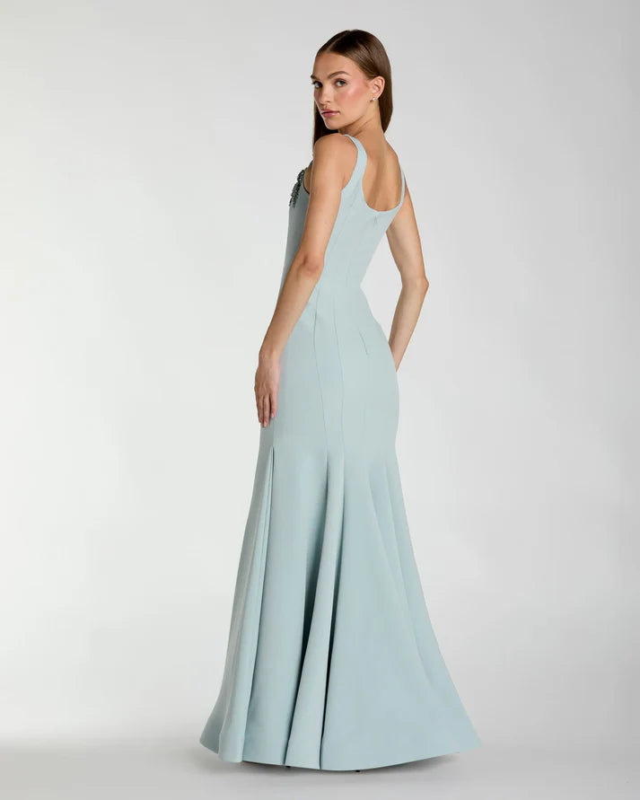 Mac Duggal 13224 Blue Sleeveless Crepe Scoop Neck Mermaid Gown with Rhinestone Straps