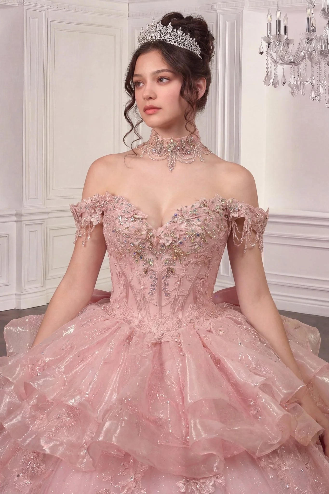 Cinderella Divine 15742 Pink Two-In-One Embellished Convertible Ball Gown
