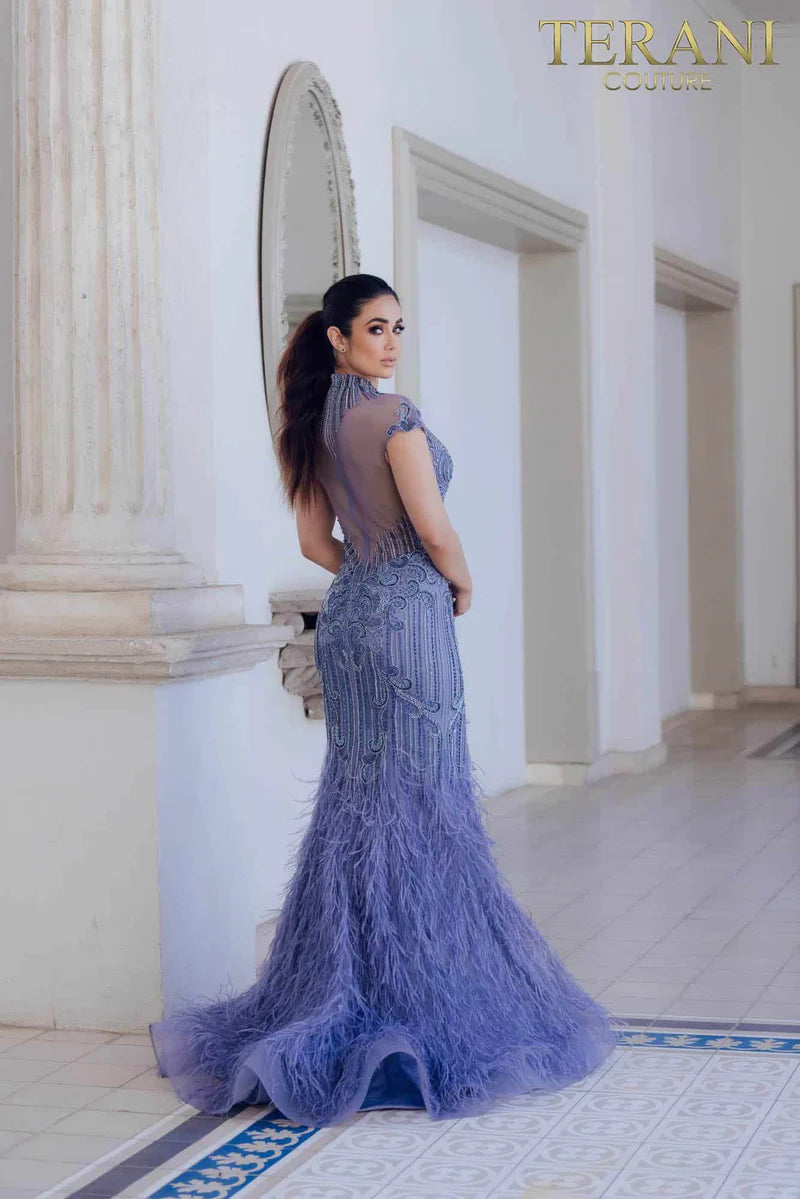 Terani Couture 1721GL4446 Red Feathered High-Neck Illusion Beaded Mermaid Evening Gown