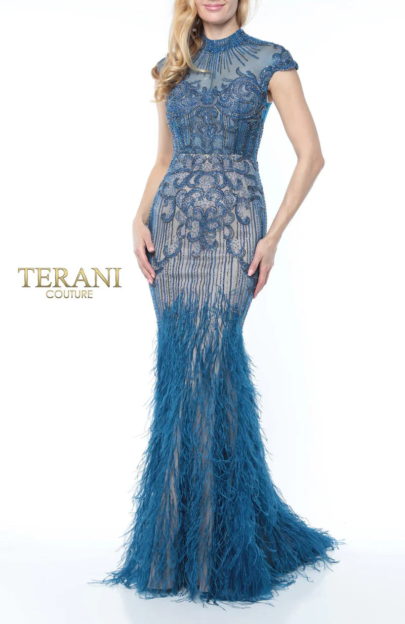 Terani Couture 1721GL4446 Red Feathered High-Neck Illusion Beaded Mermaid Evening Gown