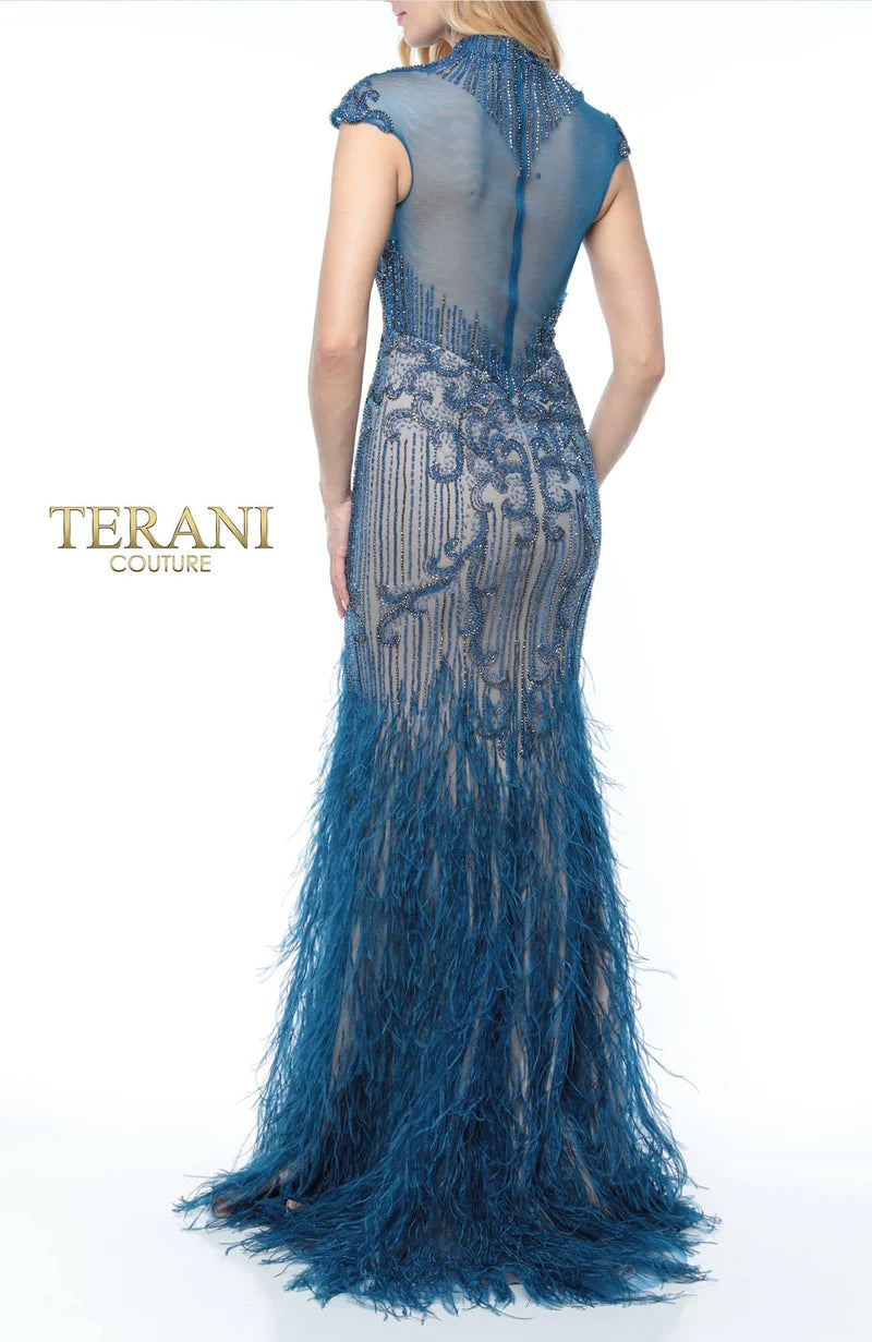 Terani Couture 1721GL4446 Red Feathered High-Neck Illusion Beaded Mermaid Evening Gown
