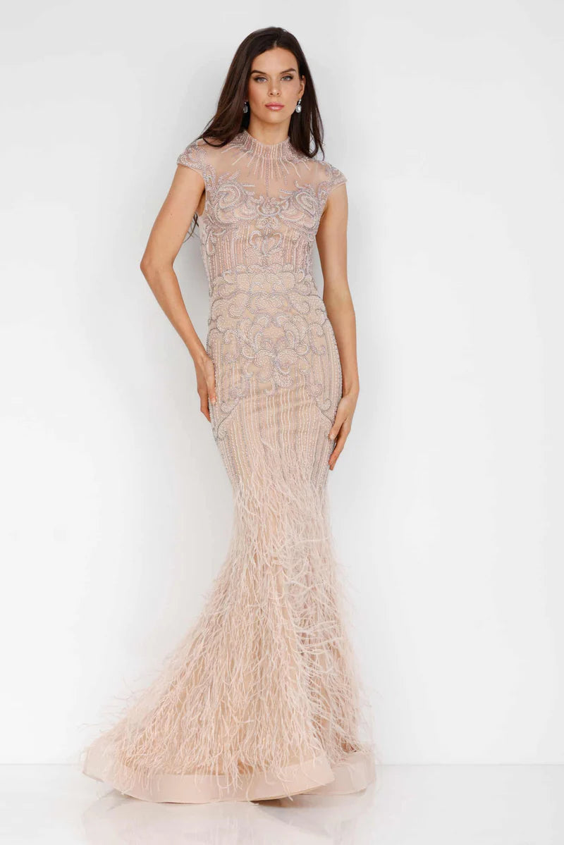 Terani Couture 1721GL4446 Red Feathered High-Neck Illusion Beaded Mermaid Evening Gown