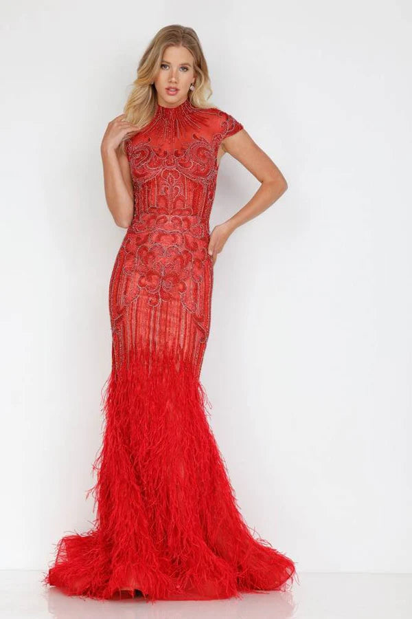 Terani Couture 1721GL4446 Red Feathered High-Neck Illusion Beaded Mermaid Evening Gown