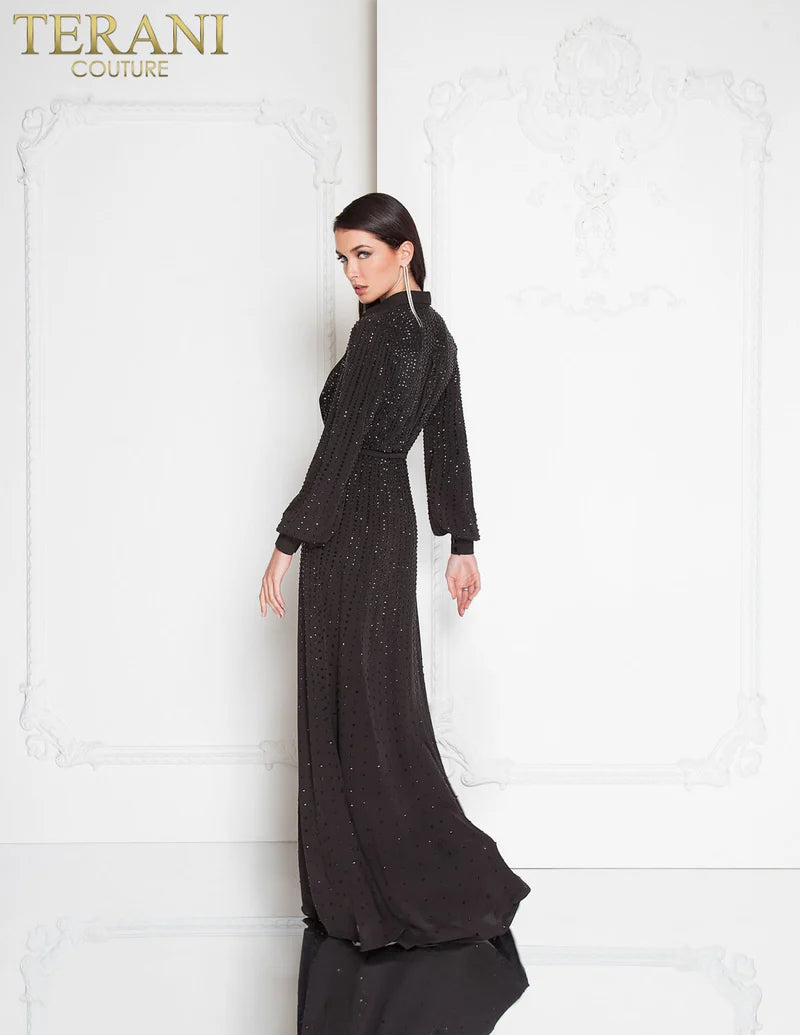 Terani Couture 1812E6274 Black Long Sleeve Plunging V-Neck Beaded Collared Evening Gown with Front Slit
